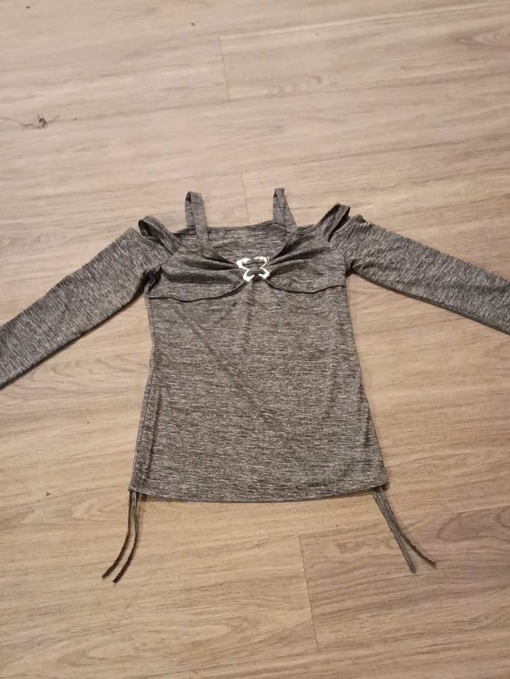 Gray Cold-Shoulder Long Sleeve Top with Lace-Up Front